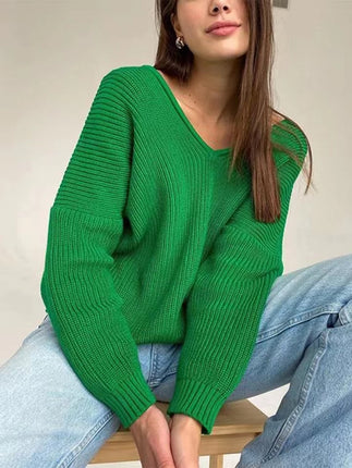 ANYBUY Oversized Knitted Sweater Pullover Women 2023 Autumn Winter Sexy Deep V-Neck Off Shoulder Loose Sweaters Streetwear Green Jumper