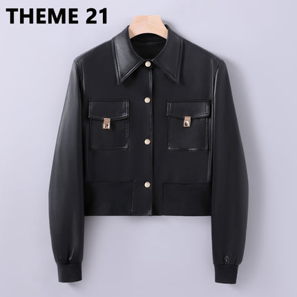 THEME 21 Women's Pu Leather Jacket with Button,Turn-Down Collar, Rib Bottom Coat, New Fashion Design, Spring Clothing of 2024