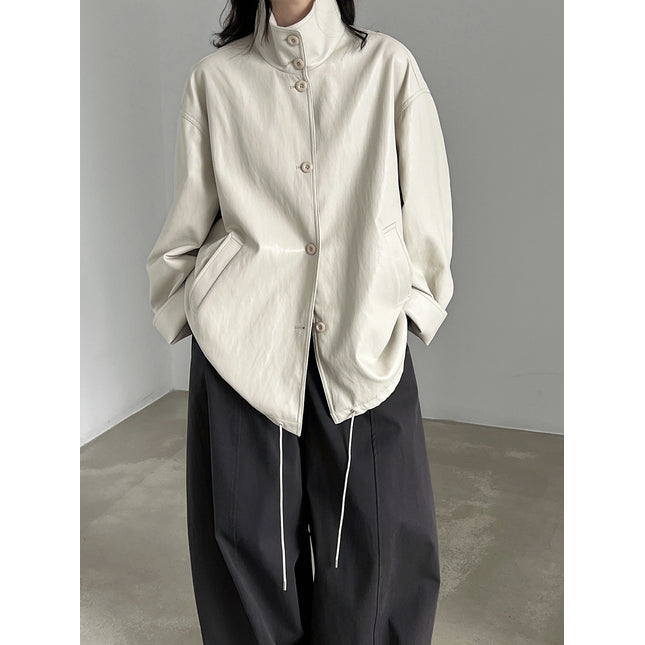 THEME 21 Womens New Fashion Casual Stand Collar Pu Leather Coat Windproof Outerwear For Female