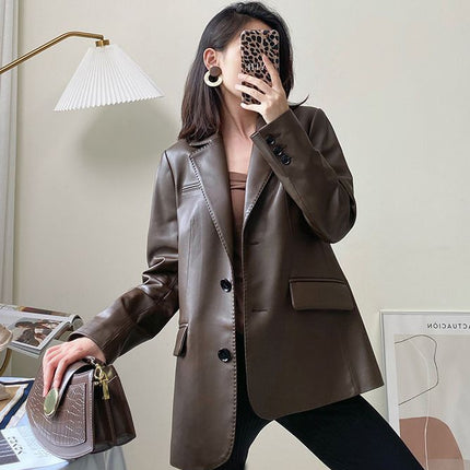 THEME 21 Womens New Fashion Real Leather Tribute Needle High-end Blazer