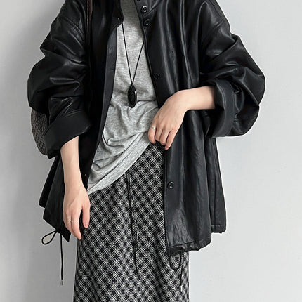 THEME 21 Womens New Fashion Casual Stand Collar Pu Leather Coat Windproof Outerwear For Female