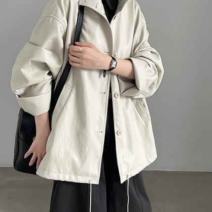 THEME 21 Womens New Fashion Casual Stand Collar Pu Leather Coat Windproof Outerwear For Female