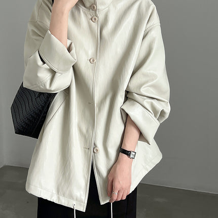 THEME 21 Womens New Fashion Casual Stand Collar Pu Leather Coat Windproof Outerwear For Female