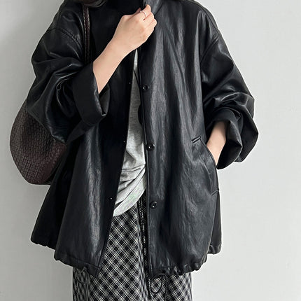 THEME 21 Womens New Fashion Casual Stand Collar Pu Leather Coat Windproof Outerwear For Female