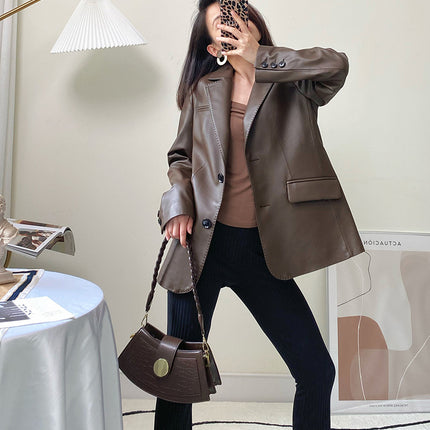 THEME 21 Womens New Fashion Real Leather Tribute Needle High-end Blazer