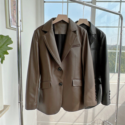THEME 21 Womens New Fashion Real Leather Tribute Needle High-end Blazer