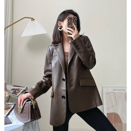 THEME 21 Womens New Fashion Real Leather Tribute Needle High-end Blazer