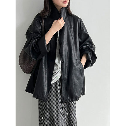 THEME 21 Womens New Fashion Casual Stand Collar Pu Leather Coat Windproof Outerwear For Female