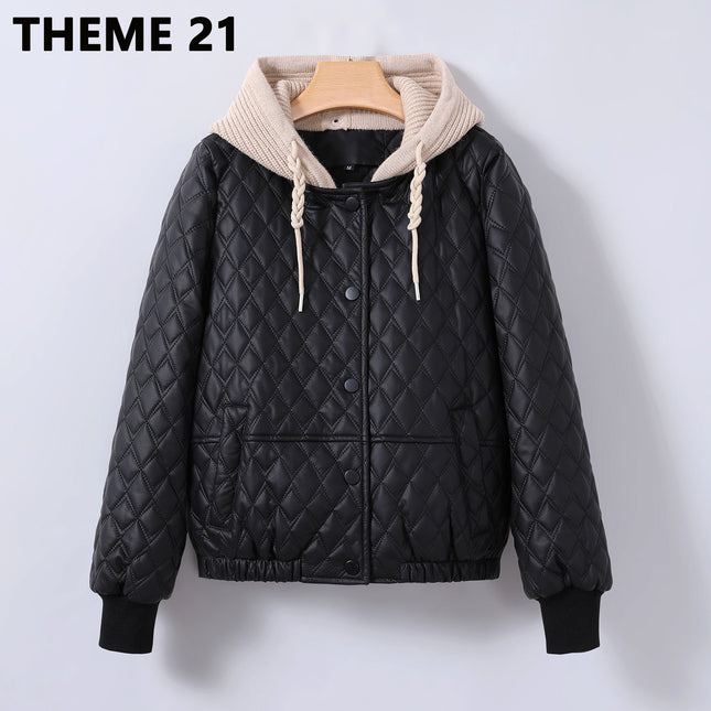 THEME 21 Ladies' Leather Jacket Button Detachable Hood and Quilted Padded lining for Women 2024 New Fashion Trend Top's Coat