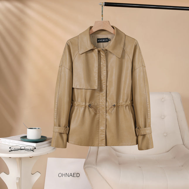 ANYBUY Women's Leather Jacket Casual Fashion High-end Coats 2025 Women's Clothing Autumn Soft Slim Adjustable Drawstring Outerwear