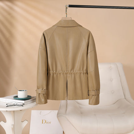 ANYBUY Women's Leather Jacket Casual Fashion High-end Coats 2025 Women's Clothing Autumn Soft Slim Adjustable Drawstring Outerwear