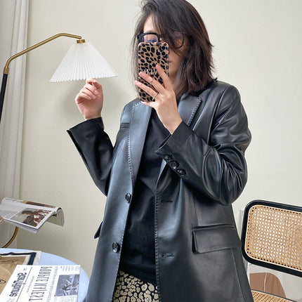 THEME 21 Womens New Fashion Real Leather Tribute Needle High-end Blazer