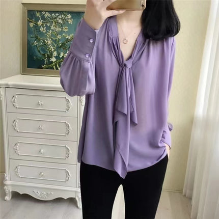 ANYBUY Autumn Elegant Fashion Office Lady Bow Lace-Up Chiffon Shirt Blouse Women Casual Long Sleeve Loose Pullover All-match Basic Tops