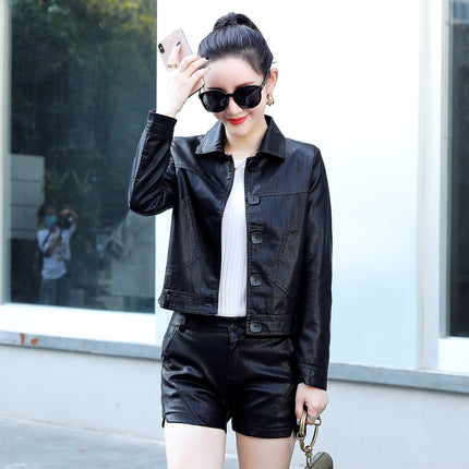 ANYBUY Ladies Pu Leather Jacket 2022 Autumn Winter Casual Fashion Sweet Outerwear Button Motorcycle Coat Soft Biker Jacket Female