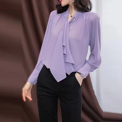 ANYBUY Autumn Elegant Fashion Office Lady Bow Lace-Up Chiffon Shirt Blouse Women Casual Long Sleeve Loose Pullover All-match Basic Tops