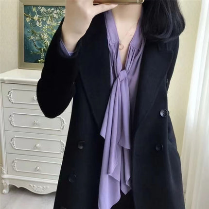 ANYBUY Autumn Elegant Fashion Office Lady Bow Lace-Up Chiffon Shirt Blouse Women Casual Long Sleeve Loose Pullover All-match Basic Tops