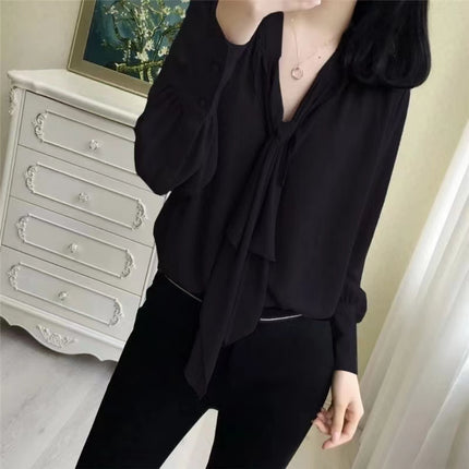 ANYBUY Autumn Elegant Fashion Office Lady Bow Lace-Up Chiffon Shirt Blouse Women Casual Long Sleeve Loose Pullover All-match Basic Tops
