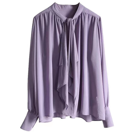ANYBUY Autumn Elegant Fashion Office Lady Bow Lace-Up Chiffon Shirt Blouse Women Casual Long Sleeve Loose Pullover All-match Basic Tops