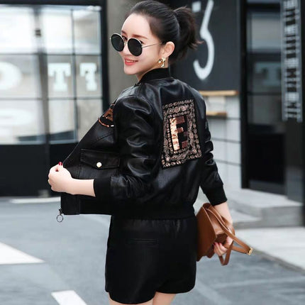 ANYBUY Women New Fashion Pu Leather Jacket Zipper Motorcycle Coat Short Faux Leather Biker Jacket Soft Bomber Jacket Female