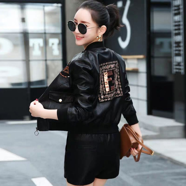 ANYBUY Women New Fashion Pu Leather Jacket Zipper Motorcycle Coat Short Faux Leather Biker Jacket Soft Bomber Jacket Female