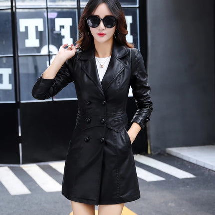 ANYBUY Women New Fashion Pu Leather Dust Coat Buttons Classic Faux Leather Long Top Trench Coat Soft Casual Outerwear Female 2022 Spring