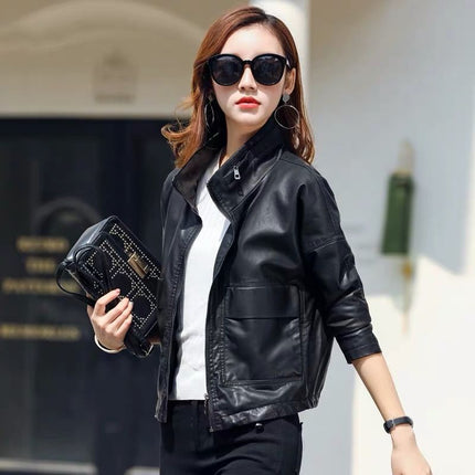 ANYBUY Pu Leather Jacket Women New Fashion Black Motorcycle Coat Short Faux Leather Plus Size Casual Biker Jacket Outerwear