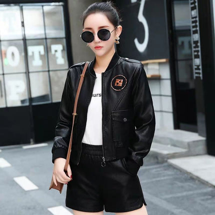ANYBUY Women New Fashion Pu Leather Jacket Zipper Motorcycle Coat Short Faux Leather Biker Jacket Soft Bomber Jacket Female