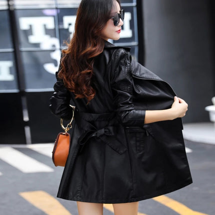 ANYBUY Pu Leather Jacket Women New Fashion Black Motorcycle Coat Long Faux Leather Biker Jacket Soft Slim Jacket Female