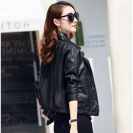 ANYBUY Pu Leather Jacket Women New Fashion Black Motorcycle Coat Short Faux Leather Plus Size Casual Biker Jacket Outerwear