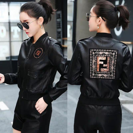 ANYBUY Women New Fashion Pu Leather Jacket Zipper Motorcycle Coat Short Faux Leather Biker Jacket Soft Bomber Jacket Female