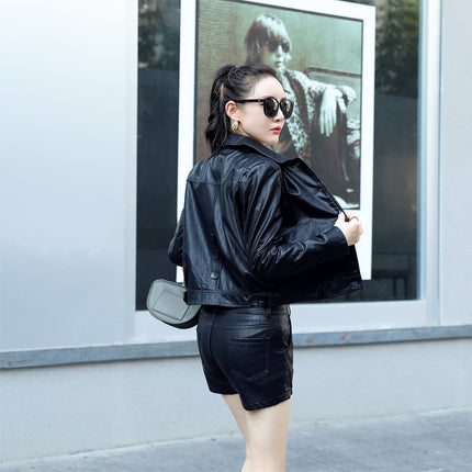 ANYBUY Ladies Pu Leather Jacket 2022 Autumn Winter Casual Fashion Sweet Outerwear Button Motorcycle Coat Soft Biker Jacket Female