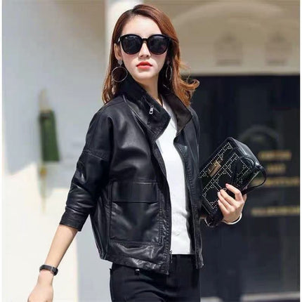 ANYBUY Pu Leather Jacket Women New Fashion Black Motorcycle Coat Short Faux Leather Plus Size Casual Biker Jacket Outerwear