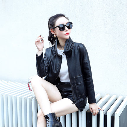 ANYBUY Pu Leather Jacket Women New Fashion Zipper Motorcycle Coat Short Faux Leather Plus Size Casual Biker Jacket Outerwear