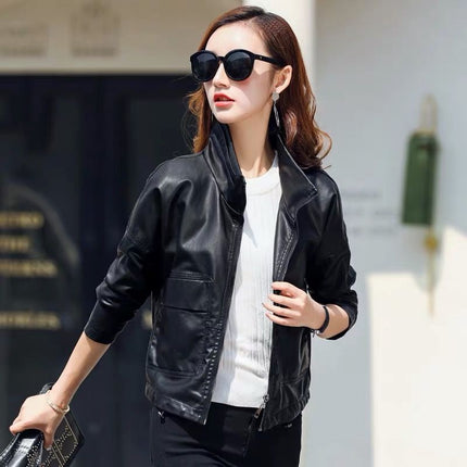 ANYBUY Pu Leather Jacket Women New Fashion Black Motorcycle Coat Short Faux Leather Plus Size Casual Biker Jacket Outerwear