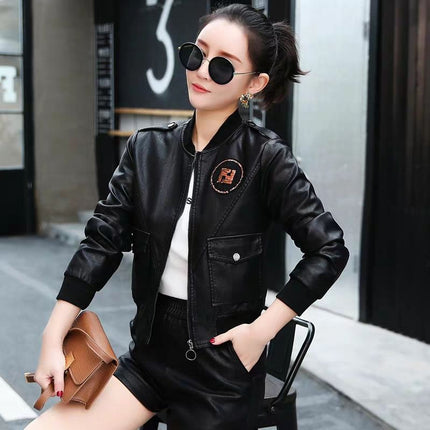ANYBUY Women New Fashion Pu Leather Jacket Zipper Motorcycle Coat Short Faux Leather Biker Jacket Soft Bomber Jacket Female