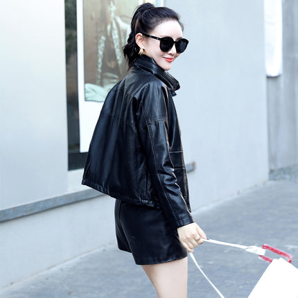 ANYBUY Pu Leather Jacket Women New Fashion Zipper Motorcycle Coat Short Faux Leather Plus Size Casual Biker Jacket Outerwear
