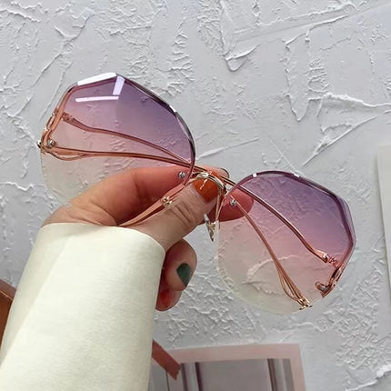 Ladies Irregular Round Sunglasses Women Brand Designer Gradient Fashion Sun Glasses Female Rimless Metal Curved Temples