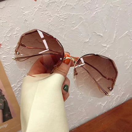 Ladies Irregular Round Sunglasses Women Brand Designer Gradient Fashion Sun Glasses Female Rimless Metal Curved Temples