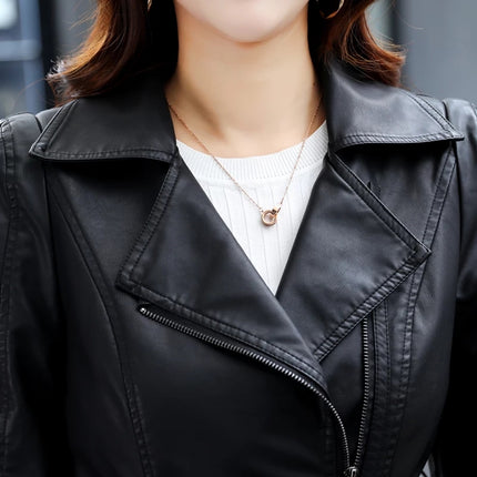 ANYBUY Pu Leather Jacket Women New Fashion Black Motorcycle Coat Long Faux Leather Biker Jacket Soft Slim Jacket Female