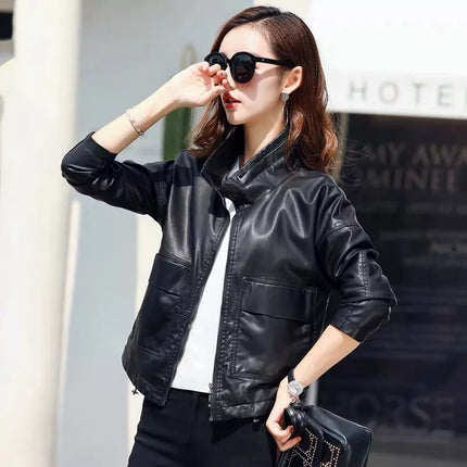 ANYBUY Pu Leather Jacket Women New Fashion Black Motorcycle Coat Short Faux Leather Plus Size Casual Biker Jacket Outerwear