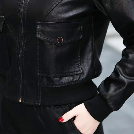 ANYBUY Women New Fashion Pu Leather Jacket Zipper Motorcycle Coat Short Faux Leather Biker Jacket Soft Bomber Jacket Female
