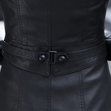 ANYBUY Women New Fashion Pu Leather Dust Coat Buttons Classic Faux Leather Long Top Trench Coat Soft Casual Outerwear Female 2022 Spring