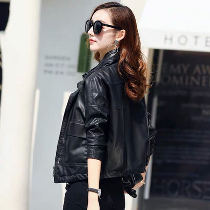ANYBUY Pu Leather Jacket Women New Fashion Black Motorcycle Coat Short Faux Leather Plus Size Casual Biker Jacket Outerwear