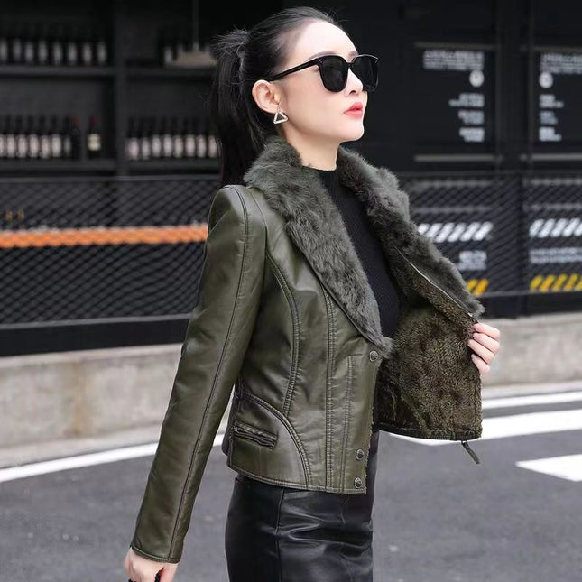 ANYBUY  Leather Jacket Women New Fashion Warm Rabbit Fur Collar Motorcycle Coat Soft Coral Fleece Padded Biker Jacket Outerwear