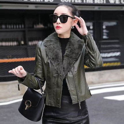 ANYBUY  Leather Jacket Women New Fashion Warm Rabbit Fur Collar Motorcycle Coat Soft Coral Fleece Padded Biker Jacket Outerwear