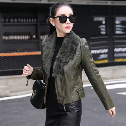 ANYBUY  Leather Jacket Women New Fashion Warm Rabbit Fur Collar Motorcycle Coat Soft Coral Fleece Padded Biker Jacket Outerwear
