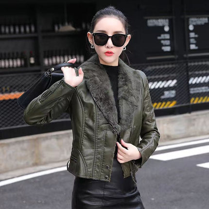ANYBUY  Leather Jacket Women New Fashion Warm Rabbit Fur Collar Motorcycle Coat Soft Coral Fleece Padded Biker Jacket Outerwear