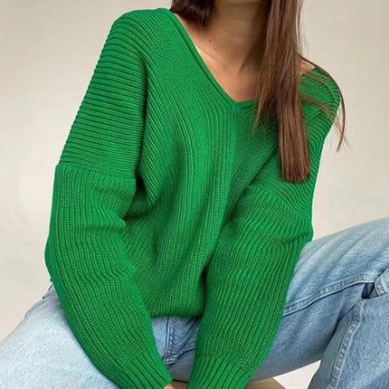 ANYBUY Oversized Knitted Sweater Pullover Women 2023 Autumn Winter Sexy Deep V-Neck Off Shoulder Loose Sweaters Streetwear Green Jumper