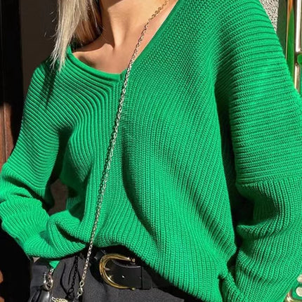 ANYBUY Oversized Knitted Sweater Pullover Women 2023 Autumn Winter Sexy Deep V-Neck Off Shoulder Loose Sweaters Streetwear Green Jumper