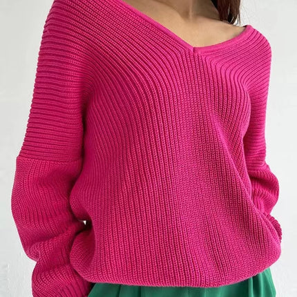 ANYBUY Oversized Knitted Sweater Pullover Women 2023 Autumn Winter Sexy Deep V-Neck Off Shoulder Loose Sweaters Streetwear Green Jumper